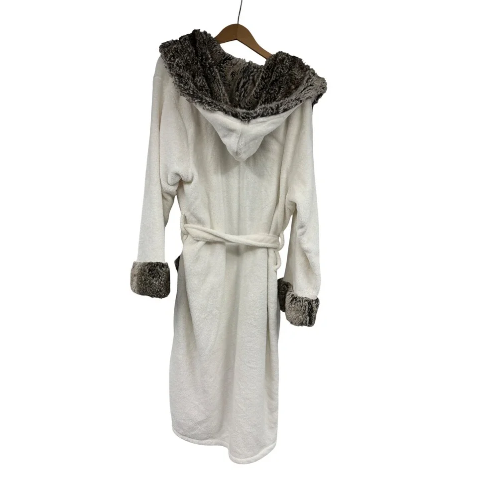 Pottery Barn Ivory Faux Fur Trim Hooded Plush Robe Extra Large XL Bathrobe - Picture 6 of 7
